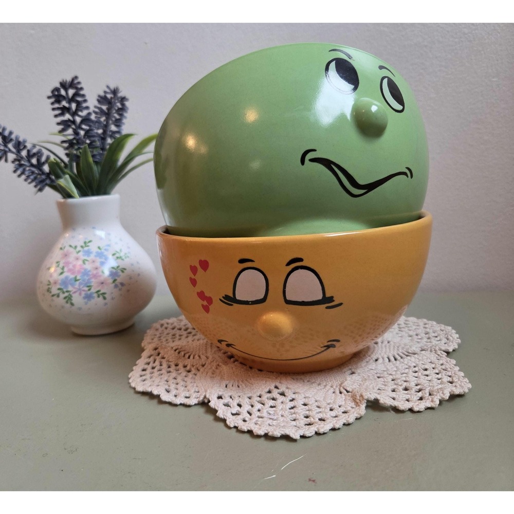 Gryphonware Funny Face Bowls Set of 2 – Green Yellow Anthropomorphic Bowls